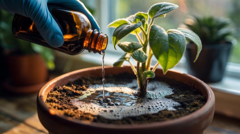 Illustration of a potted houseplant receiving a diluted hydrogen peroxide rinse, oxygenating mouldy soil to safely suppress root fungus