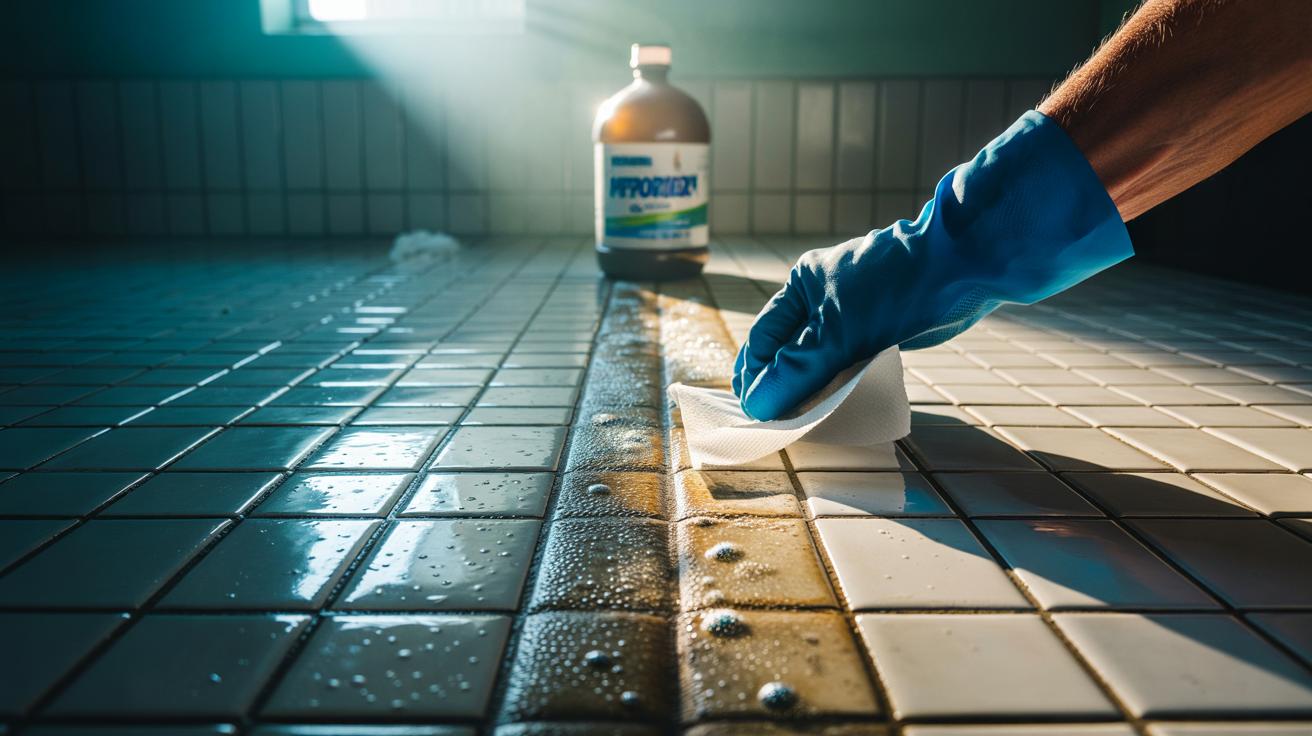 Illustration of a hydrogen peroxide soak whitening ceramic tiles and grout as oxygen bubbles lift embedded stains