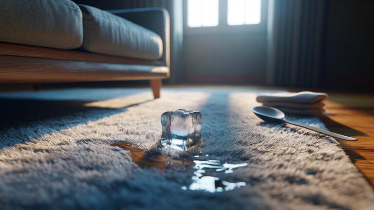 Illustration of an ice cube melting on a carpet dent to lift flattened fibres