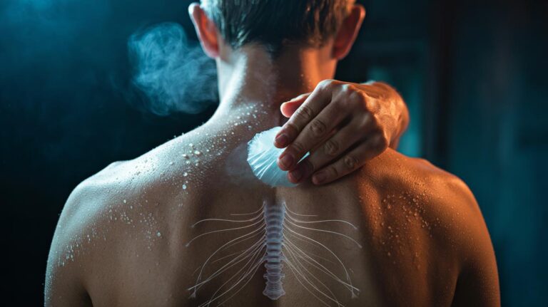 Illustration of an ice cube being traced along the upper back over the spine to stop hiccups by cold shock resetting diaphragm nerves