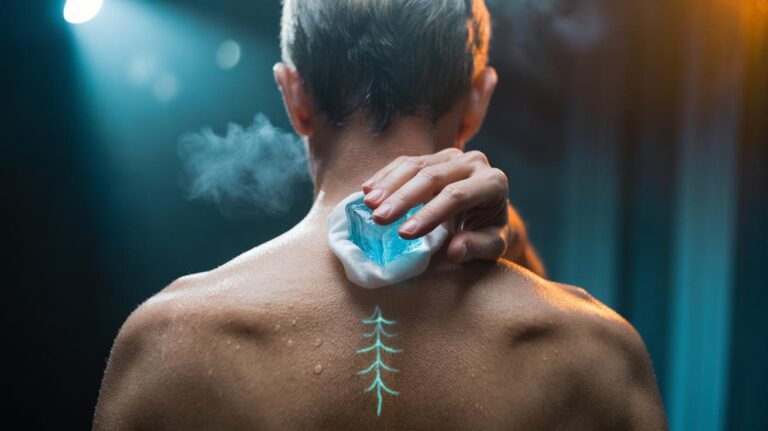 Illustration of an ice cube applied between the shoulder blades to interrupt hiccups by cold-shocking the vagus nerve