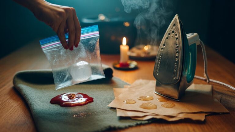 Illustration of the ice cube and iron method removing candle wax from fabric using absorbent paper