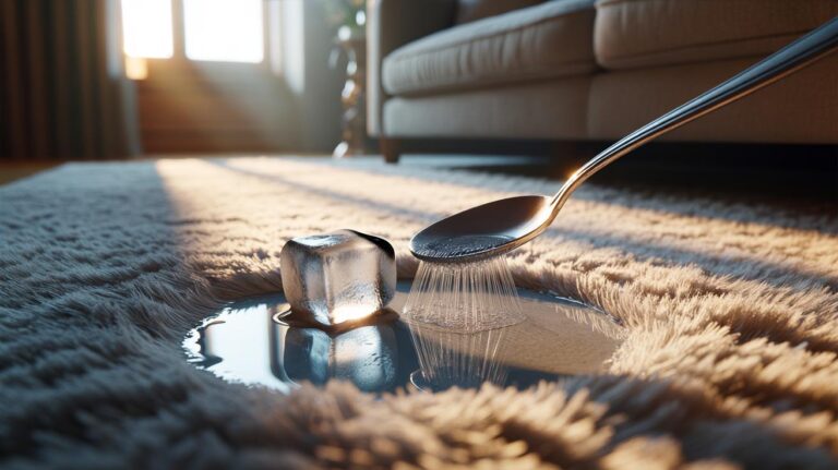 Illustration of ice cubes melting on carpet dents to rehydrate and lift flattened fibres
