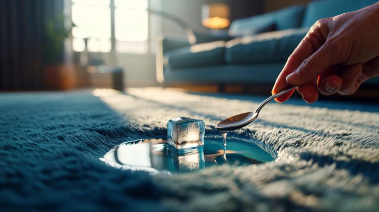 Illustration of an ice cube melting on a carpet dent to lift flattened fibres