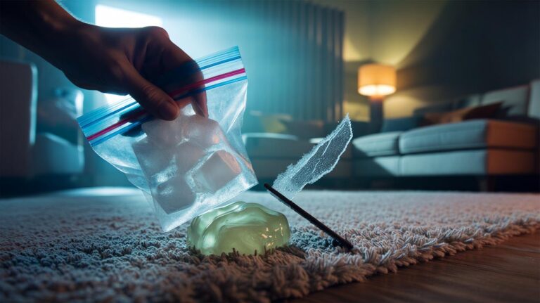 Illustration of using an ice cube press to freeze and lift chewing gum from a carpet