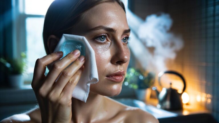 Illustration of an ice cube wrapped in a cloth being gently rubbed under the eye to reduce morning puffiness