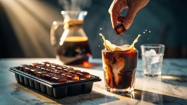 Illustration of an ice cube tray filled with coffee ice cubes beside a glass of iced coffee, preventing dilution of flavour