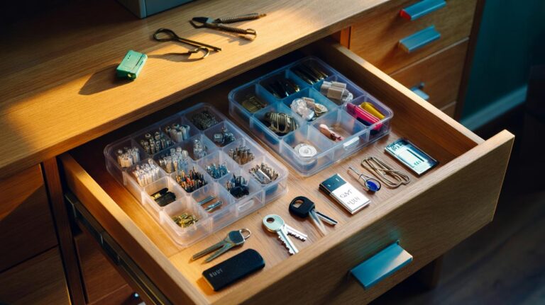 Illustration of an ice cube tray used as a drawer organiser, with screws, batteries, keys, and small tools sorted into individual slots