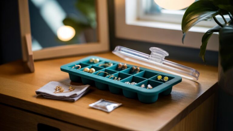 Illustration of an ice cube tray used to organise earrings, with pairs separated in individual slots