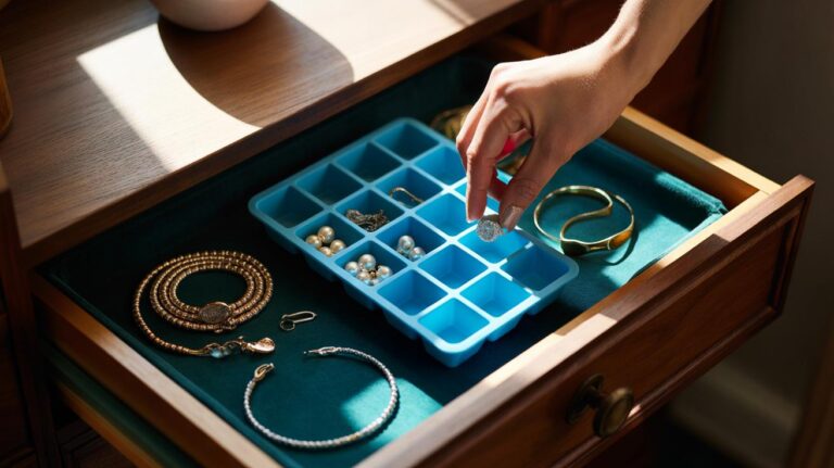 Illustration of an ice cube tray used as a jewellery organiser in a drawer, with necklaces, rings, and earrings separated into individual compartments