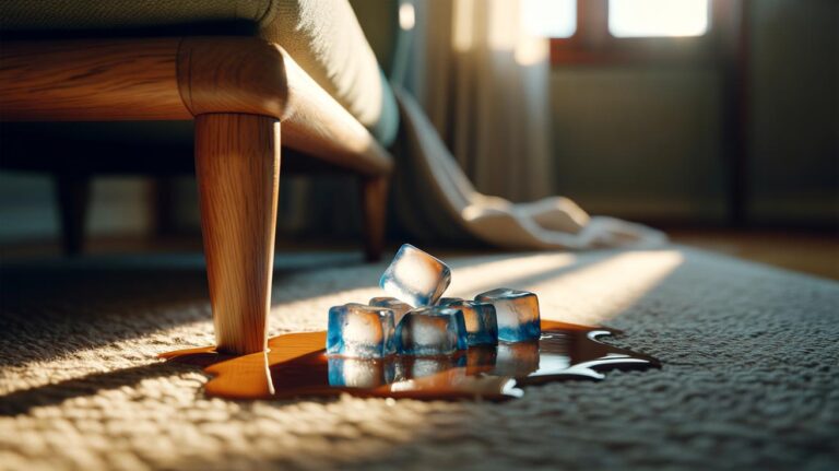 Illustration of ice cubes placed on a carpet dent under a furniture leg, showing how cold meltwater revives flattened fibres