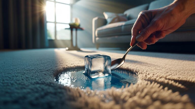 Illustration of ice cubes placed on carpet dents to restore compressed fibres