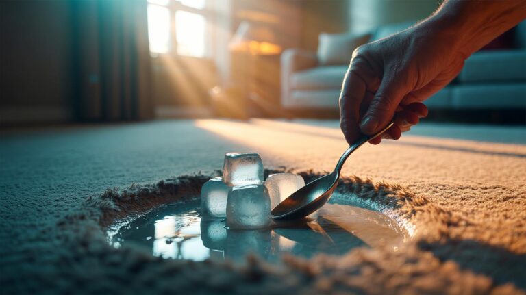 Illustration of ice cubes melting on a carpet indentation to restore flattened fibres