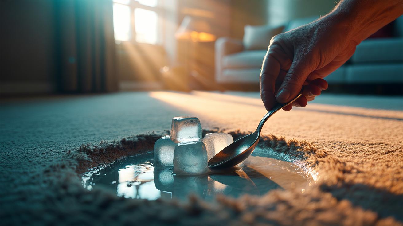 Illustration of ice cubes melting on a carpet indentation to restore flattened fibres