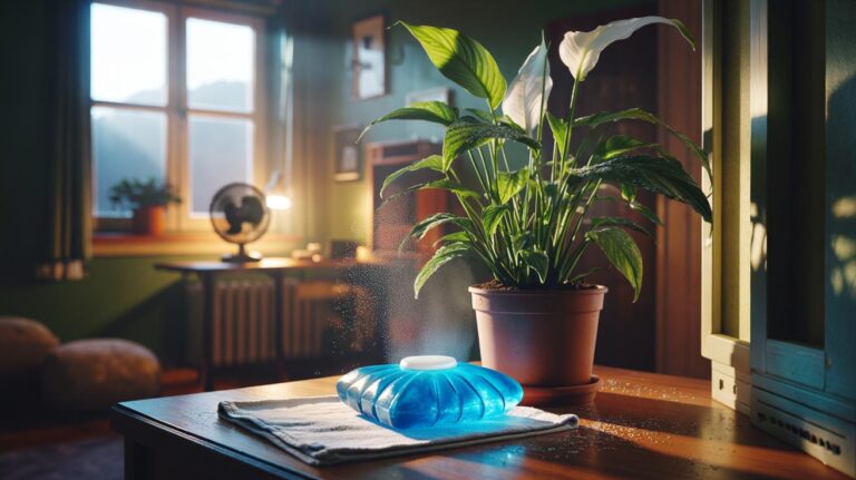 Illustration of a towel-wrapped ice pack placed next to a potted houseplant to provide a short, controlled cool-down