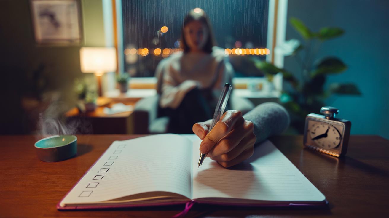 Illustration of a person journaling the therapist-backed five-step CBT prompt to break negative thought cycles