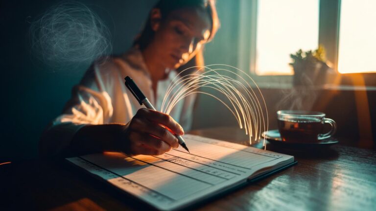Illustration of a person completing a CBT thought record journal to reframe negative thoughts