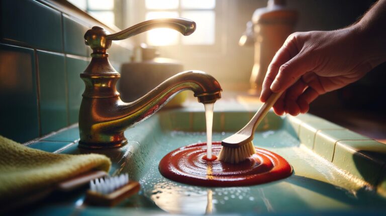 Illustration of ketchup being applied to a tarnished brass tap to dissolve grime and restore shine