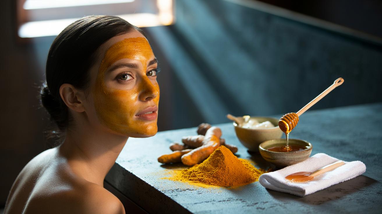 Illustration of turmeric powder with yoghurt and honey prepared as a face mask to brighten dull skin