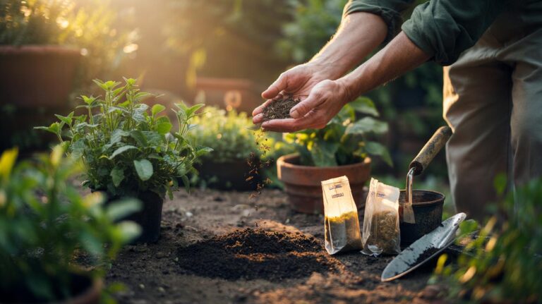 Illustration of leftover tea leaves being mixed into garden soil to enrich it naturally