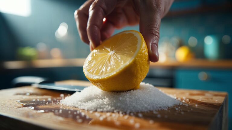 Illustration of a halved lemon used with coarse salt to scrub and sanitise a wooden cutting board