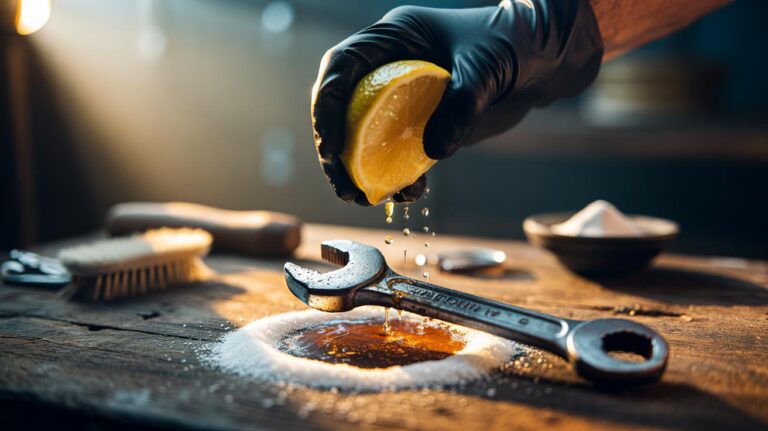 Illustration of lemon juice and coarse salt being used to remove rust from a metal spanner