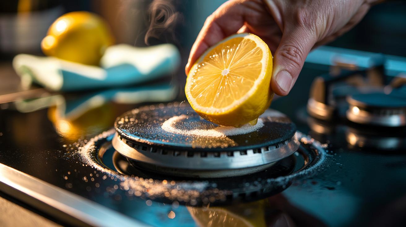 Illustration of a lemon half being used to clean grimy hob rings, showing how acid lifts burnt fat