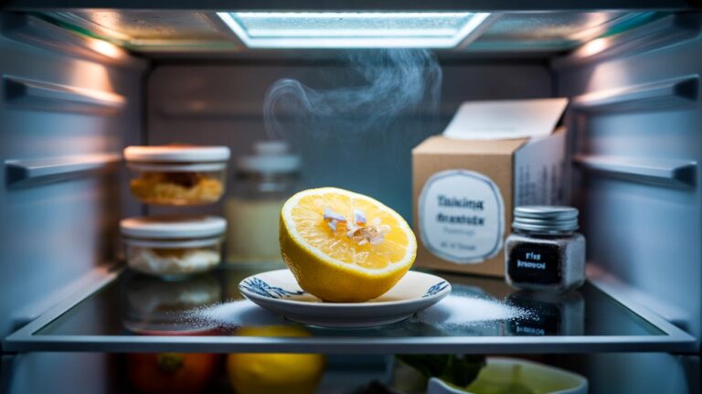 Illustration of a halved lemon placed cut-side up on a small saucer inside a refrigerator to neutralise odours