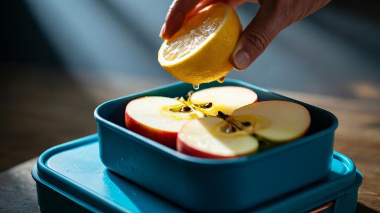 Illustration of a lemon half being rubbed on apple slices in a lunchbox to prevent browning by citric acid blocking oxygen-driven enzymes