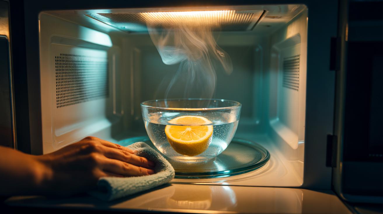 Illustration of a halved lemon in a microwave-safe bowl of water steaming inside a microwave to loosen splatters for easy cleaning