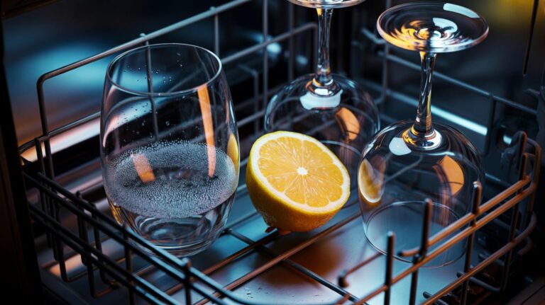 Illustration of a halved lemon in the top rack of a dishwasher beside clear, sparkling glasses, representing the citric acid action on hard-water limescale