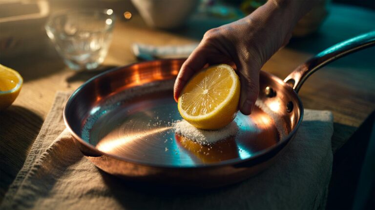 Illustration of lemon juice and salt being used to polish a tarnished copper pan, revealing a bright metallic shine