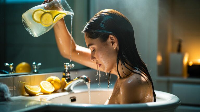 Illustration of a person rinsing hair with diluted lemon juice to close cuticles for instant gloss