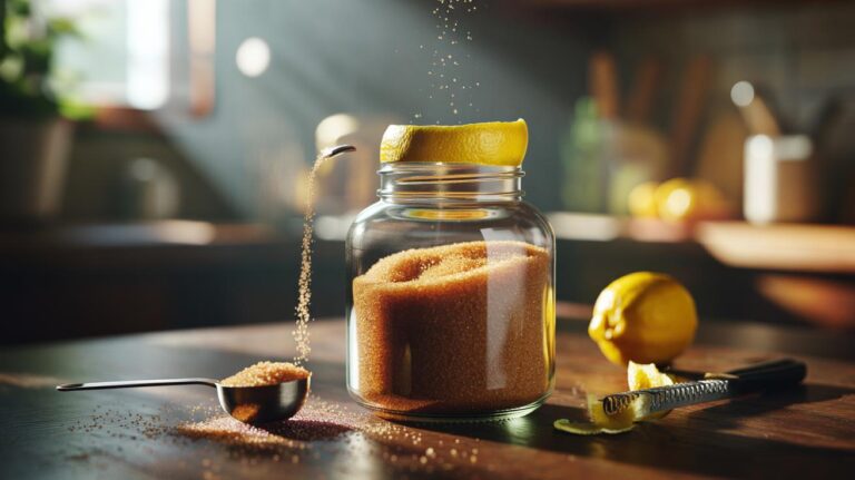 Illustration of lemon peel placed in a jar of brown sugar to keep it soft
