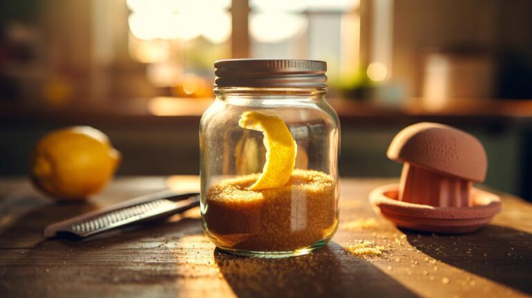 Illustration of a lemon peel placed inside a jar of brown sugar to prevent hardening