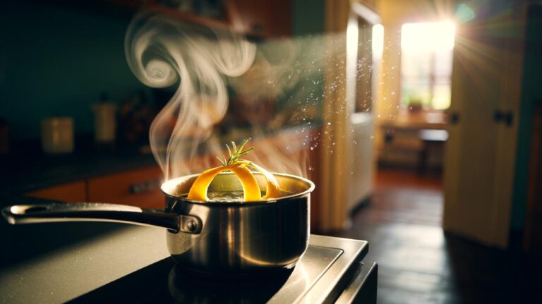 Illustration of lemon peel ribbons simmering in a saucepan of water, with warm steam carrying aromatic oils to scent the room.
