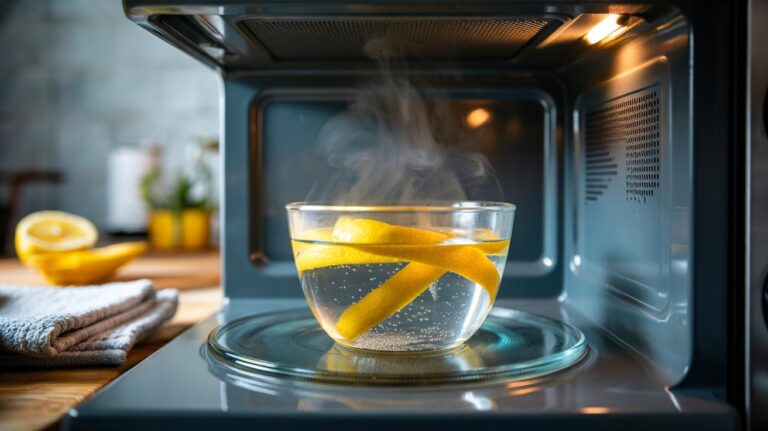 Illustration of lemon peels and water steaming in a microwave-safe bowl to deodorize and clean a microwave