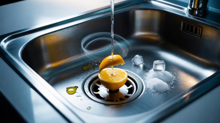 Illustration of a lemon rind in a kitchen sink waste disposal unit, releasing essential oils that cut grease, suppress bacteria, and scent the air