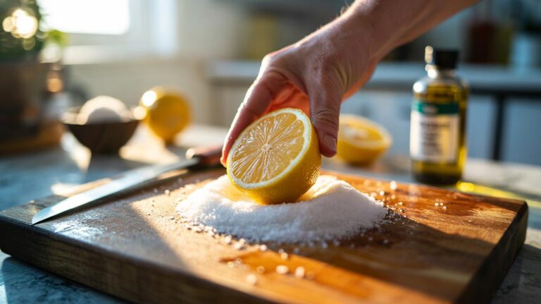 Illustration of a halved lemon scrubbing coarse salt across a wooden chopping board to neutralise lingering odours