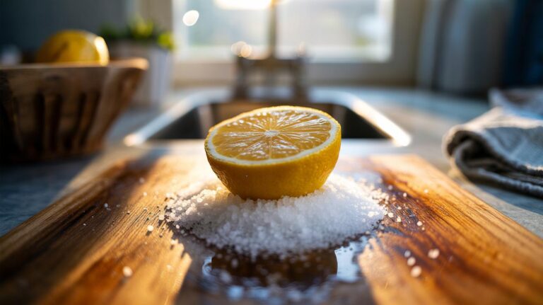 Illustration of a halved lemon scrubbing coarse salt over a stained wooden chopping board