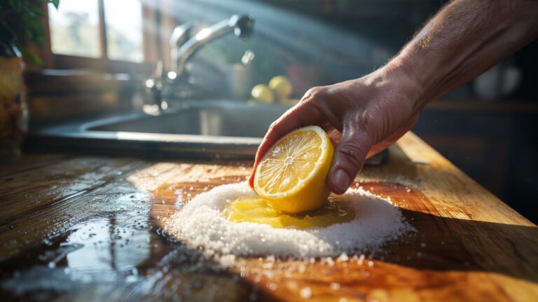 Illustration of a hand scrubbing a wooden chopping board with a halved lemon and coarse salt to whiten the surface and reduce germs