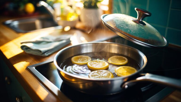 Illustration of the lemon-steam method cleaning a stainless steel pan, with lemon slices simmering to release natural oils and lift cooking stains