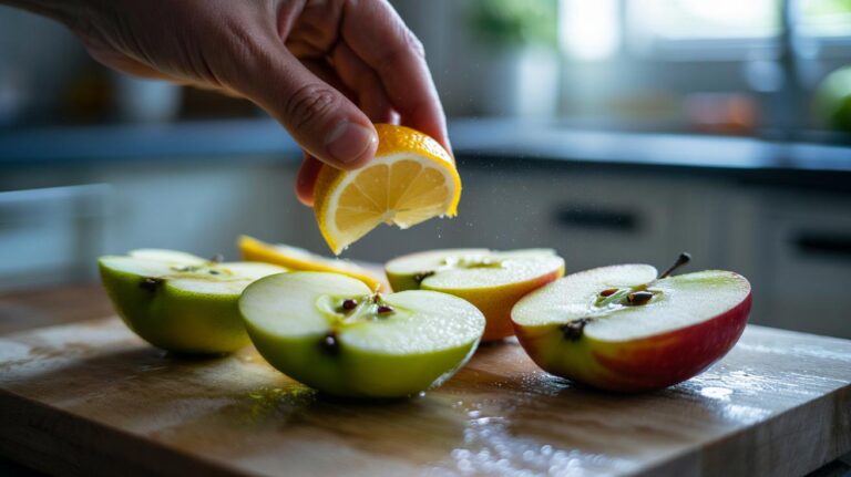 Illustration of a lemon wedge being rubbed on freshly sliced apples to prevent enzymatic browning using citric acid.