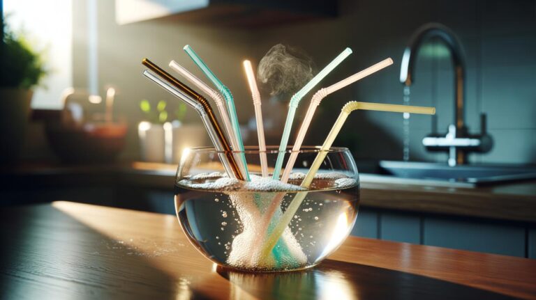 Illustration of reusable stainless steel, silicone, glass, and bamboo straws soaking in lukewarm soapy water, as mild heat loosens trapped debris inside their tubes