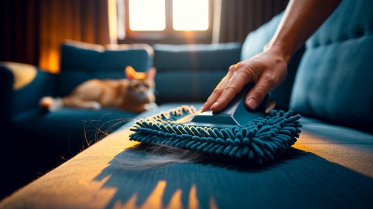 Illustration of microfibre-loop fabric trapping pet hair through tight loops on upholstery