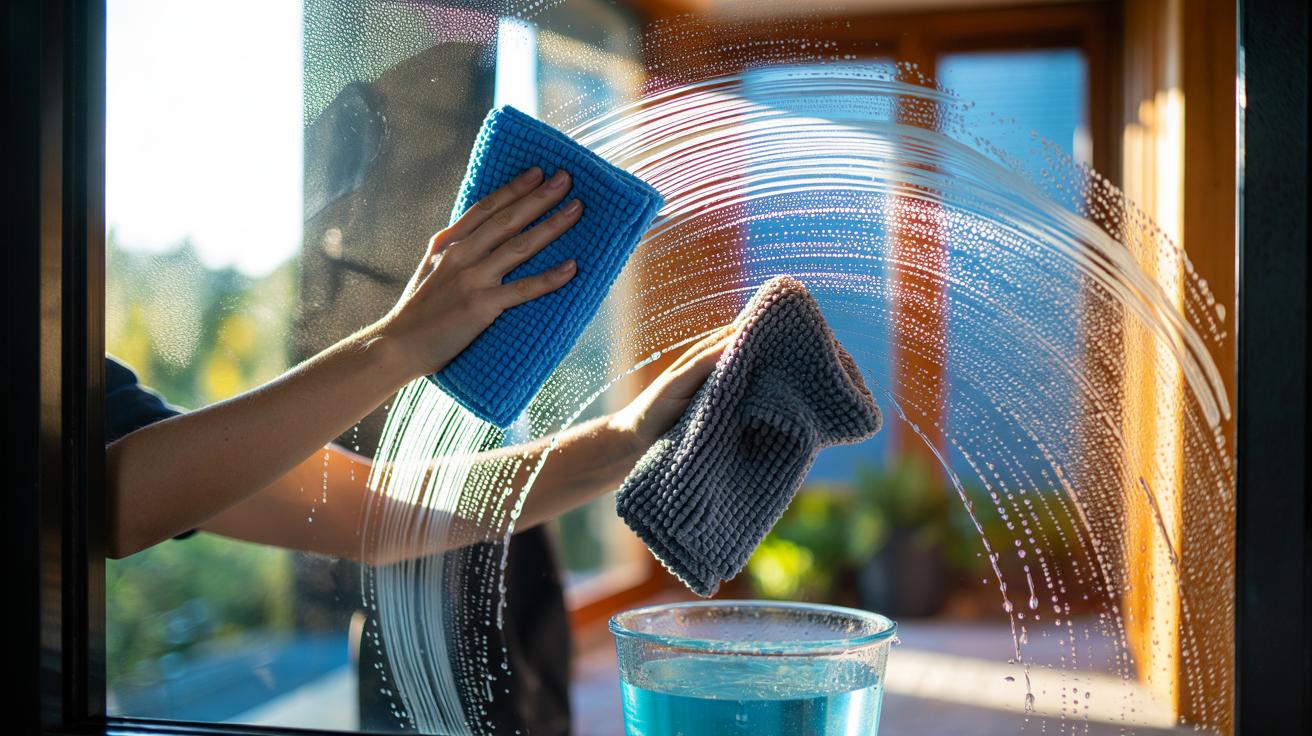 Illustration of the microfibre-rinse window cleaning method using two glass microfibre cloths—one damp for cleaning and one dry for finishing—with a rinse bucket to deliver streak-free glass