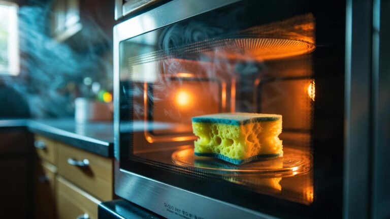 Illustration of a wet kitchen sponge inside a microwave with steam, showing rapid heat sanitisation to kill bacteria