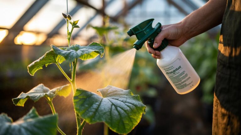 Illustration of a gardener applying a diluted milk-and-water spray to plant leaves to control powdery mildew