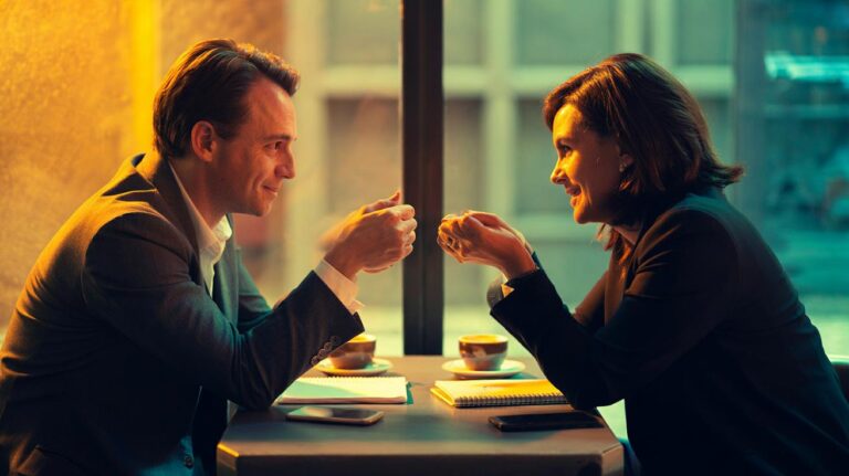 Illustration of two people subtly mirroring posture, gestures, and speaking pace to build instant trust in conversation