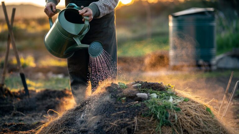 Illustration of diluted molasses being sprayed onto a compost heap to feed soil microbes and speed up decomposition